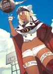  1girl absurdres bandaged_arm bandaged_leg bandages basketball_hoop blonde_hair blue_sky cape clouds dark-skinned_female dark_skin gloves guilty_gear hand_on_hip hat hide_(hideout) highres long_hair midriff navel parted_lips ramlethal_valentine shorts sky thigh_strap white_gloves yellow_eyes 