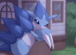  against_fence alolan_form alolan_sandslash blue_eyes blush building commentary_request fence from_side gen_7_pokemon grass kajinchu leaning_forward looking_at_viewer looking_to_the_side night no_humans open_mouth outdoors pokemon pokemon_(creature) sky smile solo star_(sky) tongue twitter_username window 