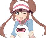  1girl ;d bangs blush bow breasts bright_pupils brown_hair commentary_request double_bun eyelashes long_hair looking_at_viewer nasakixoc one_eye_closed open_mouth pink_bow pokemon pokemon_(game) pokemon_bw2 raglan_sleeves rosa_(pokemon) sidelocks simple_background smile solo tongue twintails upper_body upper_teeth visor_cap white_background white_pupils 