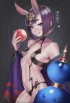  1girl :q absurdres bangs bare_shoulders blush bob_cut breasts character_name commentary_request cowboy_shot eyebrows_visible_through_hair eyeliner fate/grand_order fate_(series) fingernails food food_bite fruit gourd headpiece highres holding holding_food holding_fruit horns japanese_clothes jewelry kimono licking_lips looking_at_viewer makeup nanja navel oni oni_horns open_clothes open_kimono peach purple_hair purple_kimono revealing_clothes saliva short_eyebrows short_hair shuten_douji_(fate) skin-covered_horns small_breasts smile solo tongue tongue_out violet_eyes wide_sleeves 