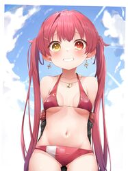  1girl absurdres bangs bikini blush breasts eyebrows_visible_through_hair hair_ribbon heterochromia highres hololive houshou_marine large_breasts long_hair looking_at_viewer open_mouth pepushi_drow red_eyes redhead ribbon smile solo swimsuit twintails virtual_youtuber yellow_eyes younger 