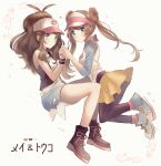  2girls bangs baseball_cap black_vest blue_eyes blush boots bow brown_hair closed_mouth commentary_request denim denim_shorts double_bun floating_hair hand_up hat high_ponytail highres hilda_(pokemon) holding_hands legwear_under_shorts long_hair looking_at_viewer multiple_girls nasakixoc pantyhose pink_bow pokemon pokemon_(game) pokemon_bw pokemon_bw2 rosa_(pokemon) shirt shoes short_shorts shorts sidelocks sleeveless sleeveless_shirt smile sneakers tank_top twintails vest visor_cap white_shirt wristband yellow_shorts 