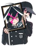  2boys ahoge bangs black_hair black_headwear black_jacket blood blush breast_pocket brown_eyes buttons collared_shirt cropped_torso cross dangan_ronpa_(series) dangan_ronpa_v3:_killing_harmony dual_persona foreshortening hair_between_eyes holding iei jacket laaaicha looking_at_viewer male_focus multiple_boys necktie pink_blood pink_eyes pocket saihara_shuuichi shirt short_hair simple_background striped striped_jacket striped_neckwear upper_body white_background 