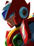  1boy absurdres android armor blue_eyes closed_mouth commentary_request english_commentary helmet highres hoshi_mikan light_smile looking_at_viewer male_focus mega_man_(series) mega_man_x_(series) mixed-language_commentary red_headwear robot_ears simple_background solo upper_body white_background zero_(mega_man) 