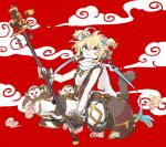  1girl :3 ahoge andira_(granblue_fantasy) animal animal_ears bangs barefoot blonde_hair bow breasts detached_leggings fur_trim granblue_fantasy hair_between_eyes hair_bow holding holding_staff mokeo monkey monkey_ears monkey_girl monkey_tail red_background red_eyes scarf short_hair small_breasts squatting staff tail twintails two_side_up white_scarf whorled_clouds 