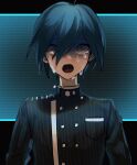  1boy ahoge alternate_hair_color bangs black_background black_hair brown_eyes buttons crying crying_with_eyes_open dangan_ronpa_(series) dangan_ronpa_v3:_killing_harmony double-breasted gakuran green_background green_hair hair_between_eyes laaaicha letterboxed long_sleeves looking_at_viewer male_focus open_mouth saihara_shuuichi school_uniform short_hair solo striped striped_background tears upper_body 