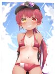  1girl absurdres bangs bikini blush breasts eyebrows_visible_through_hair hair_ribbon hat heterochromia highres hololive houshou_marine large_breasts long_hair looking_at_viewer navel one-piece_tan open_mouth pepushi_drow ponytail red_eyes redhead ribbon smile solo swimsuit tan tanlines virtual_youtuber yellow_eyes younger 