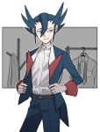  1boy absurdres bangs belt belt_buckle blue_hair brown_belt buckle closed_mouth collared_shirt commentary_request elite_four grey_eyes grimsley_(pokemon) hair_between_eyes highres jacket long_sleeves looking_to_the_side male_focus open_clothes open_jacket pants pokemon pokemon_(game) pokemon_bw shirt short_hair smile solo spiky_hair usarinko white_shirt 