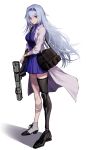 1girl bag bandaged_arm bandaged_leg bandages bangs breasts commentary_request dress girls_frontline girls_frontline_glitch_land grey_hair gun hair_between_eyes hairband holding holding_gun holding_weapon jacket large_breasts long_hair long_jacket looking_at_viewer mechanical_arms mechanical_legs open_clothes open_jacket purple_dress purple_hairband red_eyes shadow shoes shoukaki_(earthean) shoulder_bag single_mechanical_arm single_mechanical_leg single_shoe sleeves_rolled_up solo thunder_(girls_frontline) triple_action_thunder very_long_hair weapon white_background white_jacket 