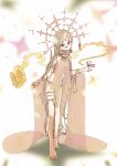  1girl bangs barefoot blonde_hair breasts closed_mouth dress earrings facial_mark forehead_mark hair_between_eyes halo highres jewelry long_hair looking_at_viewer mokeo original pink_dress pink_eyes rabbit see-through small_breasts solo sparkle standing thighlet wide_sleeves 