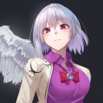  1girl angel_wings bangs beige_jacket blush bow bowtie braid breasts brooch closed_mouth dark_background doitsuudon dress expressionless eyebrows_visible_through_hair feathered_wings french_braid grey_background hair_between_eyes jewelry kishin_sagume large_breasts looking_at_viewer purple_dress red_bow red_neckwear silver_hair simple_background single_wing solo touhou upper_body violet_eyes wing_collar wings 