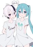  ! 2girls ahoge aqua_eyes aqua_hair arms_behind_back artist_logo black_hair character_name clothes_writing collarbone commentary cowboy_shot eighth_note flower_(vocaloid) giryu hatsune_miku heart highres light_blush long_hair looking_at_viewer multicolored_hair multiple_girls musical_note open_mouth shirt short_hair short_sleeves smile spring_onion_print streaked_hair translated twintails two-tone_hair v_flower_(vocaloid4) very_long_hair violet_eyes vocaloid white_background white_hair white_shirt 