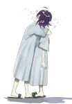  2boys ahoge alternate_costume bangs black_hair closed_mouth commentary_request dangan_ronpa_(series) dangan_ronpa_v3:_killing_harmony from_behind from_side full_body hospital_gown hug multiple_boys ouma_kokichi pemami_(mint_b_777) purple_hair saihara_shuuichi shiny shiny_hair short_hair short_sleeves simple_background sparkle standing star_(symbol) white_background wide_sleeves 