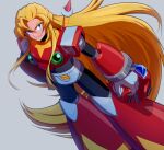  1boy android armor blonde_hair blue_eyes closed_mouth commentary dutch_angle english_commentary gloves hair_between_eyes hand_on_hip headwear_removed helmet helmet_removed holding holding_helmet hoshi_mikan long_hair male_focus mega_man_(series) mega_man_x_(series) red_headwear serious shoulder_armor simple_background solo standing sword sword_behind_back very_long_hair weapon weapon_on_back white_gloves zero_(mega_man) 