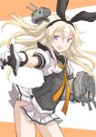  1girl akizuki_(kancolle) blonde_hair commentary_request corset cowboy_shot fuji_(pixiv24804665) gloves highres kantai_collection long_hair looking_at_viewer multicolored multicolored_clothes multicolored_gloves neckerchief open_mouth pleated_skirt pointing rensouhou-chan round_teeth school_uniform serafuku shimakaze_(kancolle) skirt smile solo teeth two-tone_background upper_teeth violet_eyes white_background white_skirt yellow_neckwear 