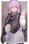  1girl black_scarf blush commentary furrowed_brow hair_tie hand_up highres kujira_hebi light_smile open_mouth poncho purple_hair scarf side_braids sidelocks snowing solo sweater symbol-only_commentary tears upper_body violet_eyes vocaloid voiceroid waving white_sweater yuzuki_yukari 