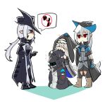  1girl 3girls ambiguous_gender arknights bangs biting cape chibi closed_mouth doctor_(arknights) gladiia_(arknights) gloves habit hat long_hair multiple_girls omo_(h98013114) pointy_ears ponytail red_eyes silver_hair skadi_(arknights) specter_(arknights) 