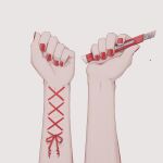  absurdres avogado6 blood boxcutter commentary_request cuts fingernails grey_background highres holding holding_boxcutter injury nail_polish original pov pov_hands red_nails red_ribbon ribbon simple_background symbolism 