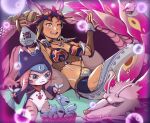  animal_hood arm_tattoo bottle braid braided_ponytail brown_eyes brown_hair cat_hood decufhfsdr fang_necklace highres hood jewelry kayna_(monster_hunter) loincloth mask mask_on_head mizutsune monster_hunter_(series) monster_hunter_stories_2 multicolored_hair navel neck_ring one_eye_closed open_mouth reclining sake_bottle smile stomach tattoo tooth_necklace tribal tribal_tattoo tsukino_(monster_hunter) two-tone_hair 