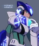  1boy android armor bodysuit closed_mouth commentary_request english_commentary from_side gloves glowing green_bodysuit green_eyes grey_background high_collar highres hoshi_mikan looking_at_viewer looking_to_the_side male_focus mega_man_(series) mega_man_x8 mega_man_x_(character) mega_man_x_(series) mixed-language_commentary purple_headwear serious simple_background solo upper_body white_gloves 