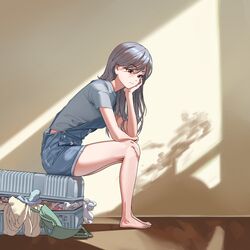  1girl absurdres blue_overalls closed_mouth eyebrows_visible_through_hair feet grey_hair grey_shirt highres indoors legs long_hair luts original overalls red_eyes shadow shirt short_sleeves silver_hair sitting solo suitcase thighs toes 