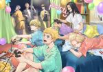  6+boys baji_keisuke balloon bed black_hair black_shirt black_shorts blonde_hair blue_eyes blue_shorts bookshelf braid braided_ponytail can candy chips closed_eyes closed_mouth cowboy_shot cst earrings food full_body green_shirt green_shorts grey_hair hanagaki_takemichi hanemiya_kazutora highres holding holding_can indoors jewelry knee_up long_hair looking_away lying matsuno_chifuyu mitsuya_takashi multicolored_hair multiple_boys night on_stomach open_mouth party playstation_controller pocky profile purple_shorts red_shirt ryuuguuji_ken sano_manjirou shirt short_hair short_sleeves shorts single_earring sitting smile tokyo_revengers two-tone_hair undercut white_shirt yellow_shirt yellow_shorts 