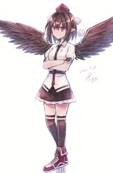  1girl black_hair black_neckwear black_skirt black_wings breasts dated full_body hat hikawa_shou medium_breasts medium_hair miniskirt necktie pointy_ears pom_pom_(clothes) red_eyes shameimaru_aya shoes signature skirt sneakers solo thigh-highs tokin_hat touhou wings 