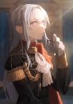 1girl absurdres closed_mouth edelgard_von_hresvelg eyebrows_visible_through_hair eyes_visible_through_hair fire_emblem fire_emblem:_three_houses gloves highres light_particles light_rays long_hair looking_at_viewer outdoors signature smile solo toho10min violet_eyes white_gloves white_hair window