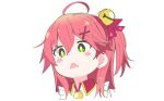  1girl bangs bell eyebrows_visible_through_hair green_eyes hair_bell hair_ornament head_only hololive ixy open_mouth pink_hair sakura_miko simple_background smile solo virtual_youtuber white_background 