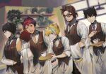  5boys animal_ears apron black_choker black_hair black_pants blonde_hair blue_neckwear bonnivier_pranaja brown_vest cafe cat_boy cat_ears choker coffee collared_shirt cup fang gradient_hair green_hair highres holding holding_tray kemonomimi_mode looking_ahead male_focus multicolored_hair multiple_boys necktie nekopara_-_catboys_paradise nijisanji nijisanji_id one_eye_closed pants pink_hair purple_hair rai_galilei redhead reza_avanluna riksa_dhirendra shirt smile sunglasses taka_radjiman tied_hair tray uniform vest virtual_youtuber white_shirt yakksan 