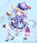  1girl absurdres aqua_background bandaged_leg bandages bangs bead_necklace beads braid cape coconut coin_hair_ornament commentary_request drinking_straw earrings eyebrows_visible_through_hair from_above genshin_impact hair_between_eyes hat hehehzb highres jewelry jiangshi long_hair long_sleeves looking_at_viewer looking_up low_ponytail necklace ofuda orb parted_lips purple_hair qing_guanmao qiqi_(genshin_impact) shoes sidelocks simple_background single_braid solo thigh-highs violet_eyes vision_(genshin_impact) white_legwear yin_yang yin_yang_orb zettai_ryouiki 