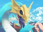  :d ^_^ blue_sky closed_eyes clouds colored_tongue commentary_request day digimon digimon_(creature) dragon happy holding holding_hose hose house kira_(kira_dra) open_mouth out_of_frame pov seadramon sharp_teeth sky smile solo_focus sparkle teeth tongue tongue_out twitter_username upper_body water 