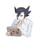  1boy bangs black_hair blue_eyes bread collared_shirt elite_four eyelashes food grimsley_(pokemon) hair_between_eyes hand_up holding holding_newspaper long_sleeves looking_down lower_teeth male_focus mongguri newspaper open_mouth pokemon pokemon_(game) pokemon_bw reading shirt short_hair simple_background solo spiky_hair symbol-only_commentary tongue white_background white_shirt 
