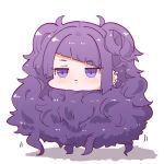  1girl absurdly_long_hair bangs big_hair blunt_bangs blush chibi closed_mouth creature diagonal_bangs disembodied_head ear_piercing earrings eyebrows_visible_through_hair idolmaster idolmaster_shiny_colors jewelry long_hair piercing purple_hair solo takato_kurosuke tanaka_mamimi two_side_up very_long_hair violet_eyes 