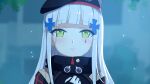  1girl absurdres bangs beret blunt_bangs blurry cross_hair_ornament depth_of_field facial_mark girls_frontline gloves green_eyes hair_ornament hat highres hk416_(girls_frontline) incoming_kiss long_hair military_jacket parted_lips silver_hair solo teardrop_tattoo upper_body white_gloves white_hair wo_you_yibei_jia_wanli 