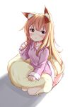  1girl animal_ear_fluff animal_ears barefoot blonde_hair blush brown_eyes coneko_(slvk12) feet fox_ears fox_girl fox_tail from_above long_hair looking_at_viewer looking_up no_pants original pink_shirt shirt simple_background sitting soles solo tail tears toes white_background 