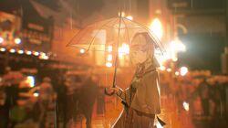  1girl absurdres blonde_hair blue_eyes capelet deerstalker dzks5425 hat highres holding holding_umbrella hololive hololive_english huge_filesize necktie public rain transparent transparent_umbrella umbrella virtual_youtuber watson_amelia 