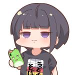  1girl bangs black_hair blunt_bangs blush cellphone chibi closed_mouth holding holding_phone idolmaster idolmaster_cinderella_girls jitome looking_at_viewer medium_hair phone pina_korata print_shirt shirayuki_chiyo shirt short_sleeves simple_background smartphone smartphone_case solo takato_kurosuke upper_body violet_eyes white_background 