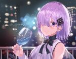  1girl alternate_costume anniversary bare_shoulders black_bow black_flower black_neckwear blush bow bowtie city_lights closed_mouth commentary cup dress drink drinking_glass english_commentary eyebrows_visible_through_hair fate/grand_order fate_(series) fingernails flower hair_flower hair_ornament hair_over_one_eye haru_yu highres holding holding_cup holding_drink huge_filesize light_particles lips looking_at_viewer mash_kyrielight nail_polish night official_alternate_costume one_eye_covered outdoors purple_hair purple_nails see-through short_hair sleeveless sleeveless_dress smile solo under_the_same_sky upper_body violet_eyes white_dress wrist_cuffs 