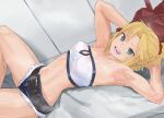  1girl armpits arms_behind_head arms_up bandeau bangs bare_shoulders blonde_hair blue_shorts braid breasts collarbone cutoffs denim denim_shorts fate/apocrypha fate_(series) french_braid green_eyes hair_ornament hair_scrunchie highres long_hair looking_at_viewer lying medium_breasts mordred_(fate) mordred_(fate)_(all) navel on_back open_mouth parted_bangs ponytail red_scrunchie ryu0120 scrunchie short_shorts shorts sidelocks solo thighs 