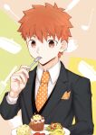  1boy absurdres alternate_costume black_suit cake collared_shirt eating emiya_shirou eyebrows_visible_through_hair fate/stay_night fate_(series) food fork formal highres holding holding_fork male_focus moto_(otemoto02) necktie orange_hair shirt short_hair solo upper_body white_shirt wide-eyed yellow_eyes 