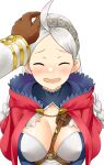  absurdres ahoge bangs braid breasts brown_gloves closed_eyes fire fire_emblem fire_emblem_fates fire_emblem_heroes gloves hairband harness headpat highres hood hood_down igni_tion kiran_(fire_emblem) large_breasts looking_at_viewer male_hand md5_mismatch nina_(fire_emblem) open_mouth twin_braids upper_body 