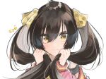  1girl black_hair blush eyelashes hair_between_eyes hair_ribbon heart holding holding_hair idolmaster idolmaster_cinderella_girls karisan_(risa_neru_kirby) long_hair long_sleeves looking_at_viewer matoba_risa portrait ribbon simple_background sketch smile solo twintails white_background yellow_eyes 