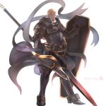  1boy alternate_costume armor armored_boots benny_(fire_emblem) black_armor black_footwear blonde_hair boots breastplate cheekbones closed_mouth commentary_request dark-skinned_male dark_skin fire_emblem fire_emblem_fates full_body gauntlets gold_trim holding holding_polearm holding_shield holding_spear holding_weapon looking_at_viewer male_focus no_eyebrows nonbiri_monban pelvic_curtain polearm scar scar_on_face scratches shield short_hair shoulder_armor simple_background solo spear standing translation_request very_short_hair waist_cape weapon white_background 