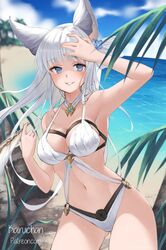  1girl animal_ears anna_lee beach bikini blue_eyes blush breasts granblue_fantasy grin korwa large_breasts layered_bikini long_hair navel ocean quill silver_hair smile solo swimsuit very_long_hair 