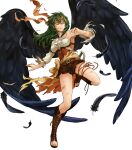  1girl bangs bare_shoulders belt blue_eyes boots breasts cross-laced_footwear feathered_wings feathers fire_emblem fire_emblem:_radiant_dawn fire_emblem_heroes green_hair halterneck headband highres knee_boots lace-up_boots leg_up long_hair medium_breasts o-ring official_art one_eye_closed parted_lips shorts sleeveless solo toeless_footwear toes torn_clothes transparent_background uroko_(mnr) vika_(fire_emblem) wings 