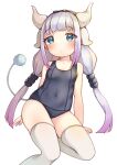  1girl absurdres beads blue_eyes blue_swimsuit blush bow covered_navel dragon_girl dragon_horns eyebrows_visible_through_hair hair_beads hair_bow hair_ornament highres horns kanna_kamui kobayashi-san_chi_no_maidragon legs long_hair low_twintails narurock8925 one-piece_swimsuit pink_hair ribbon school_swimsuit sitting solo swimsuit tail thigh-highs thighs twintails white_legwear 