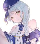  1girl bang_dream! bangs bare_legs bare_shoulders beret blue_hair blue_headwear blue_shirt blush braid clothing_cutout commentary constellation_hair_ornament constellation_print earrings expressionless frilled_shirt frills green_eyes hat head_tilt highres hikawa_sayo jewelry knee_up long_hair looking_at_viewer looking_down shain shirt shoulder_cutout sidelocks simple_background solo symbol-only_commentary upper_body white_background 