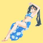  1girl barefoot bikini blue_bikini blue_eyes blue_hair blue_sarong breasts floral_print full_body highres isuzu_(kancolle) kantai_collection large_breasts long_hair looking_at_viewer sarong solo swimsuit twintails yama_(yam0a) yellow_background 