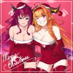  2girls ahoge alternate_costume black_horns breasts candy candy_cane christmas clenched_teeth dasdokter dragon_girl dragon_horns dragon_tail dress elbow_gloves eyebrows eyebrows_visible_through_hair fang food gloves heterochromia highres hololive hololive_english horns irys_(hololive) kiryu_coco large_breasts medium_breasts multicolored_hair multiple_girls open_mouth orange_hair pink_background pointy_ears purple_hair red_dress red_gloves red_legwear redhead santa_dress smile streaked_hair tail teeth thigh-highs thighs violet_eyes virtual_youtuber 